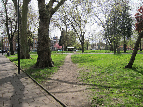 Photo from the path on the north side of Tottenham Green, viewing south-east towards the High Road.